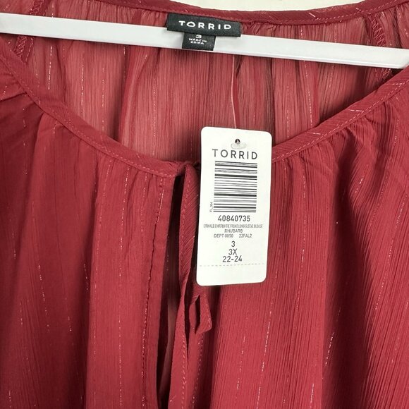 Torrid Blouse Red Chiffon Tie Front Long Sleeve Womens Plus 3x Holiday Metallic - Picture 2 of 7